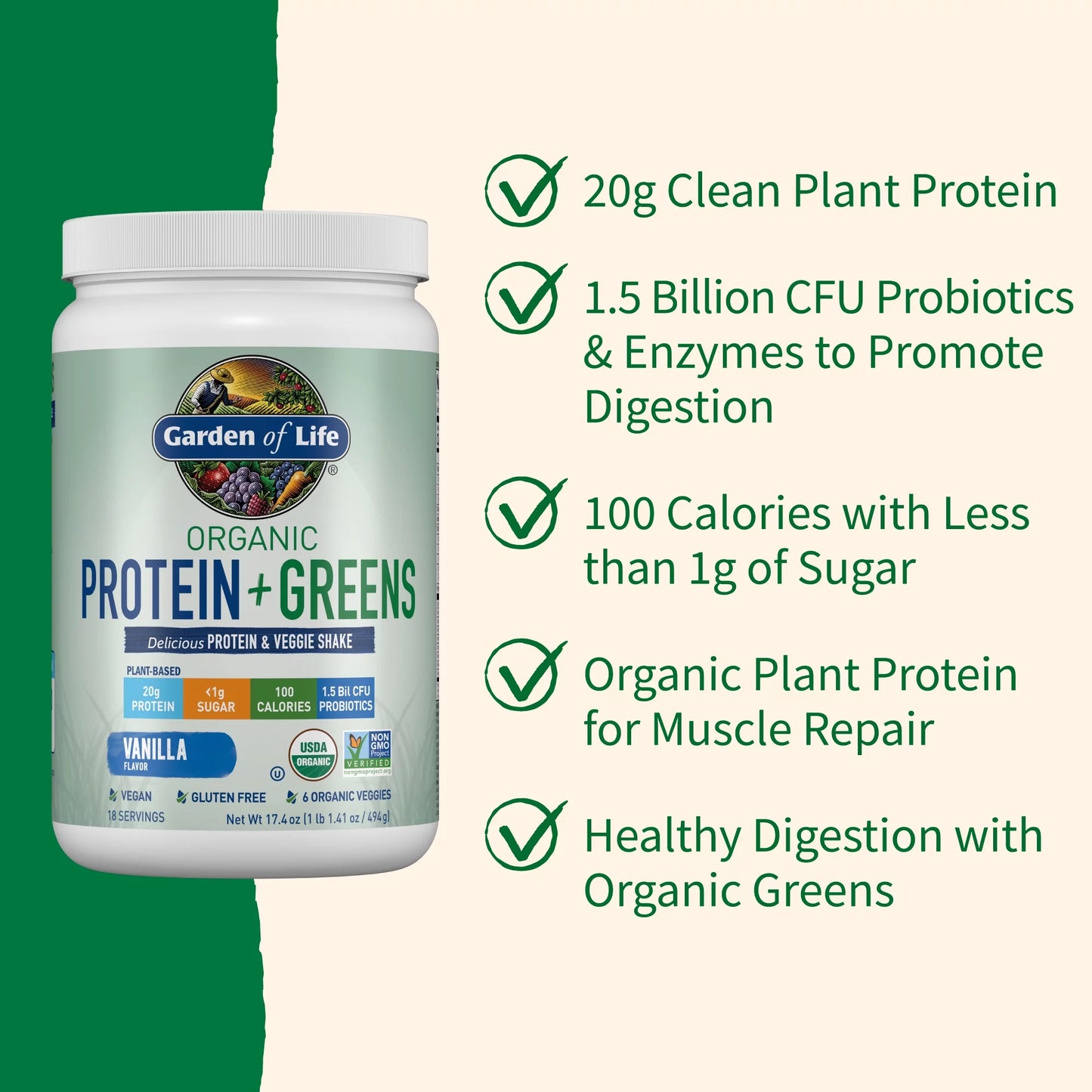 Organic Plant Protein & Greens Powder, Vanilla Shake, 20G Protein, 1.1Lb, 17.4Oz