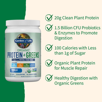 Organic Plant Protein & Greens Powder, Vanilla Shake, 20G Protein, 1.1Lb, 17.4Oz