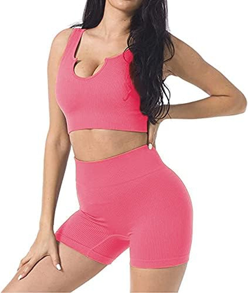 Seamless Workout Sets for Women 2 Piece Yoga Outfits Ribbed High Waist Leggings with Sports Bra Gym Set.