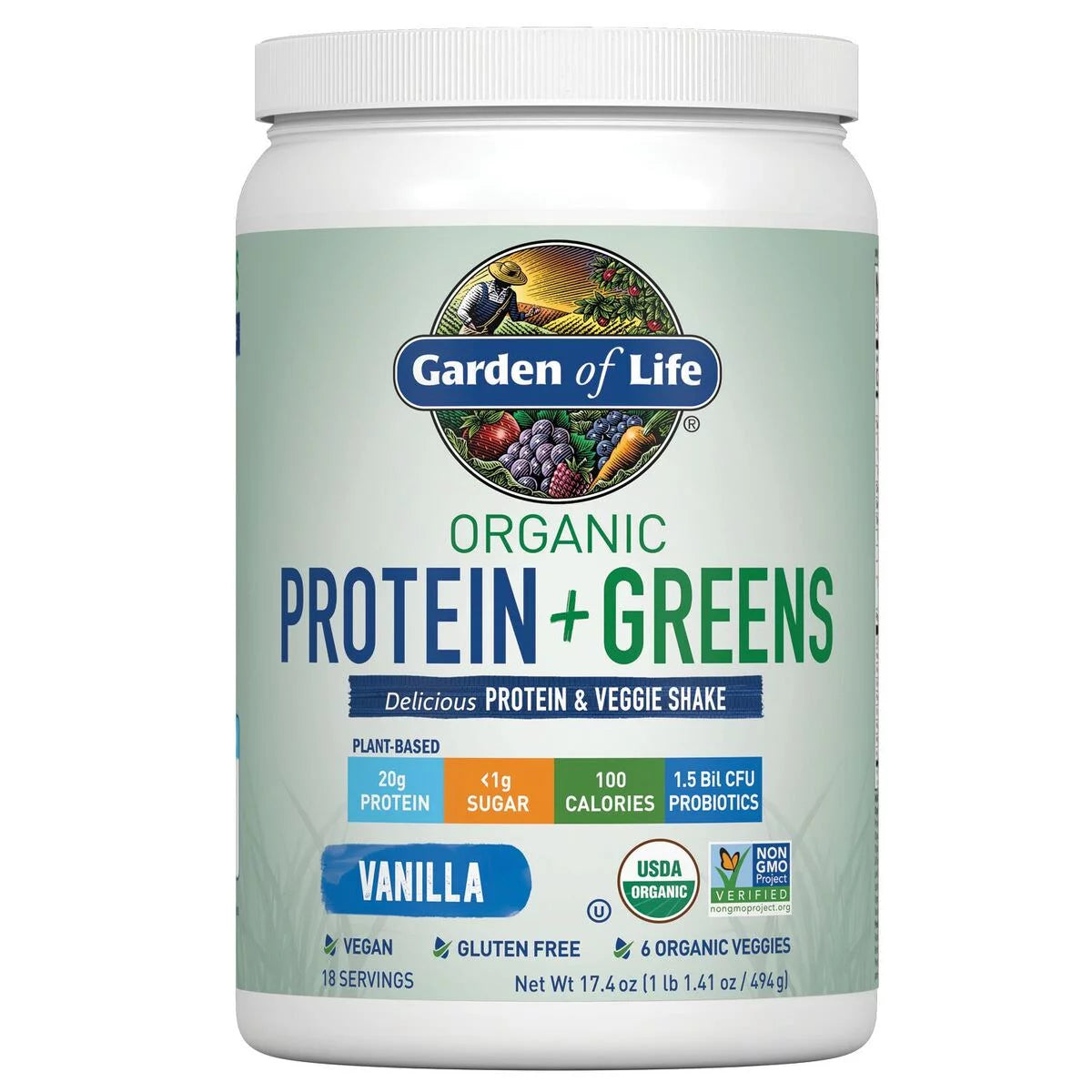 Organic Plant Protein & Greens Powder, Vanilla Shake, 20G Protein, 1.1Lb, 17.4Oz