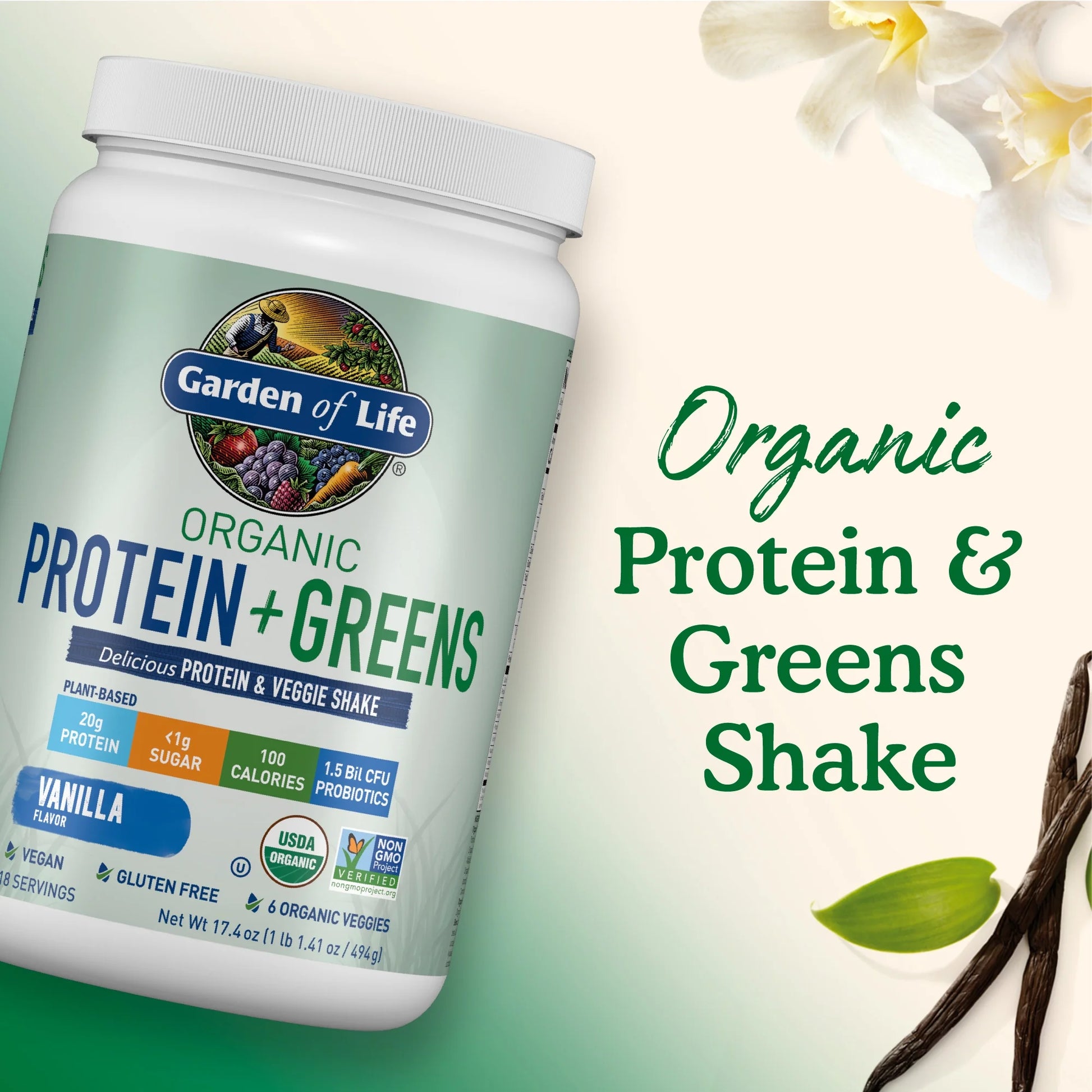 Organic Plant Protein & Greens Powder, Vanilla Shake, 20G Protein, 1.1Lb, 17.4Oz